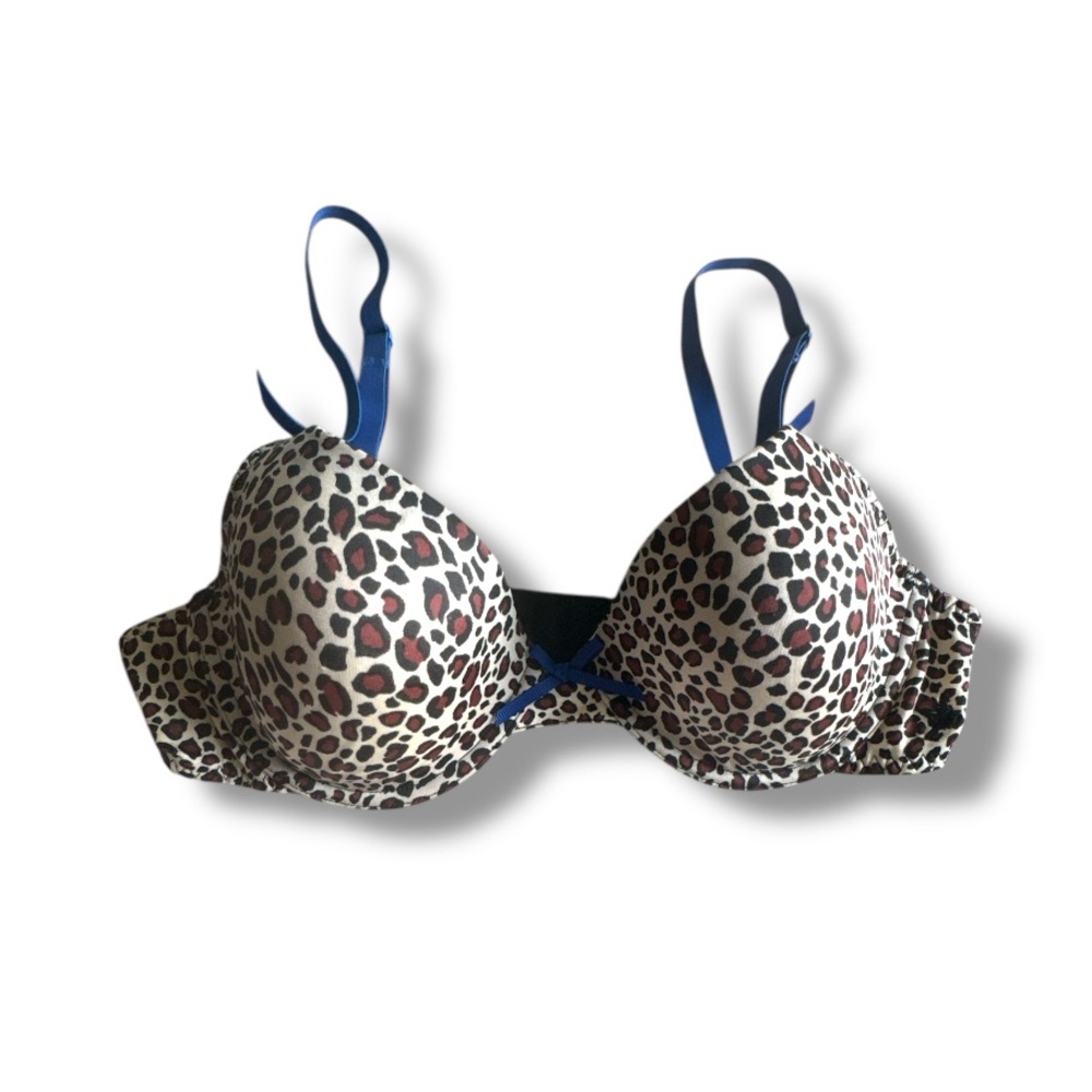 Aerie Katie Bea 34B Leopard Print Bra Blue Straps Lightly Lined Underwire